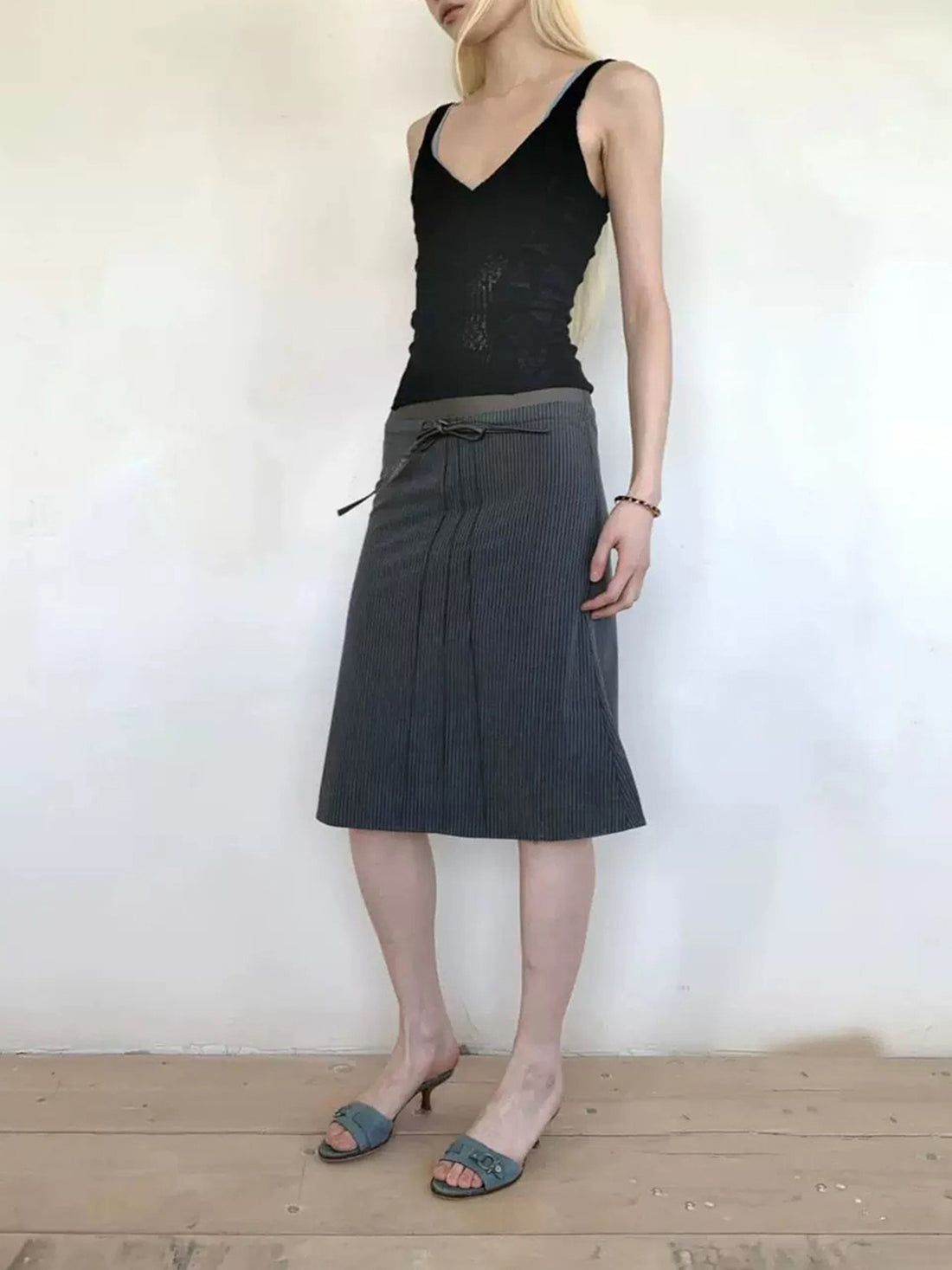 Brick Lane A-line Bow Detailed Stripe Midi Skirt - Black
