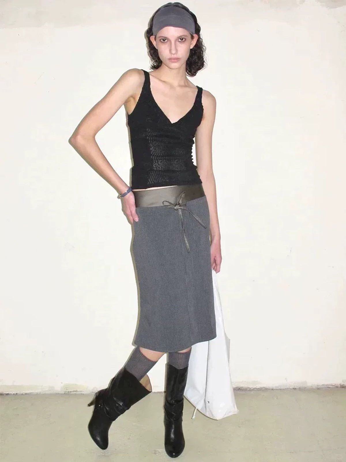 Brick Lane A-line Bow Detailed Stripe Midi Skirt - Black