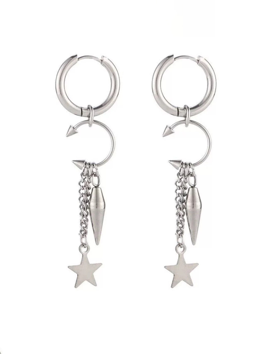 Brick Lane Punk Star Feather Hoop Earrings - Silver