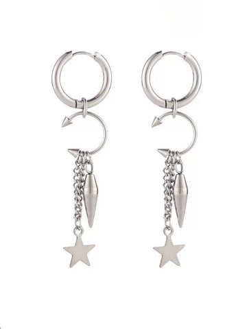 Brick Lane Punk Star Feather Hoop Earrings - Silver