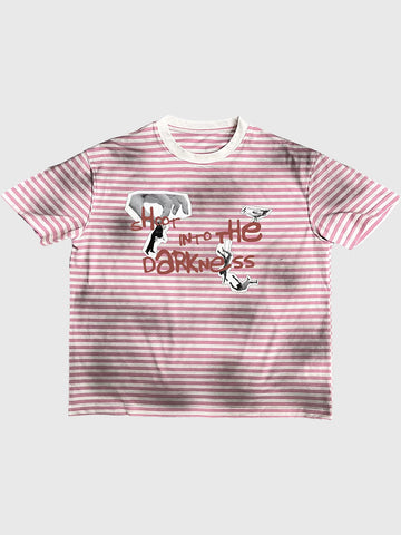 Co-ed Dorm Baggy-fit Striped Graphic Print T-Shirt - Pink