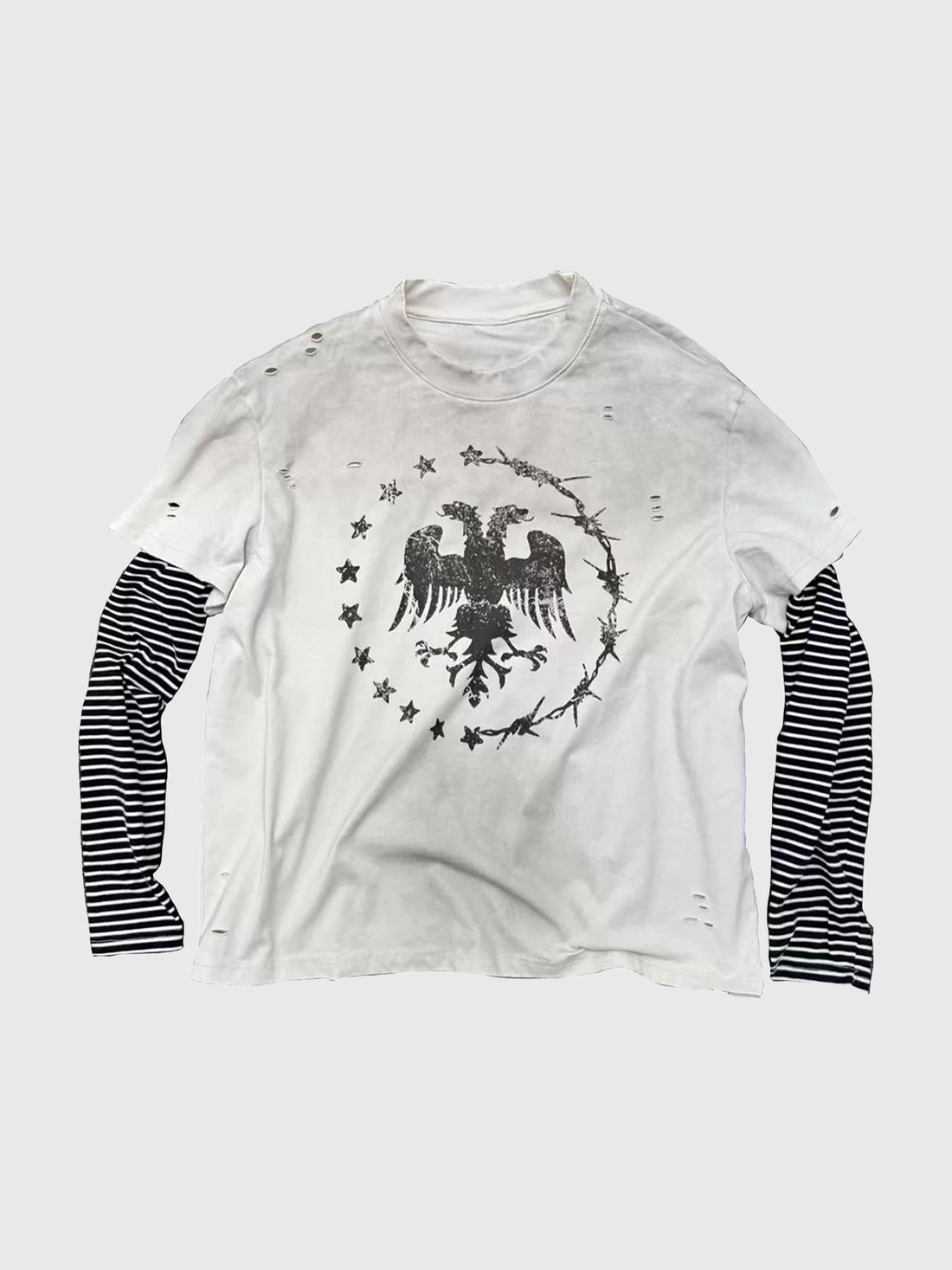 Co-ed Dorm Baggy-fit Striped Layered Graphic T-Shirt - White
