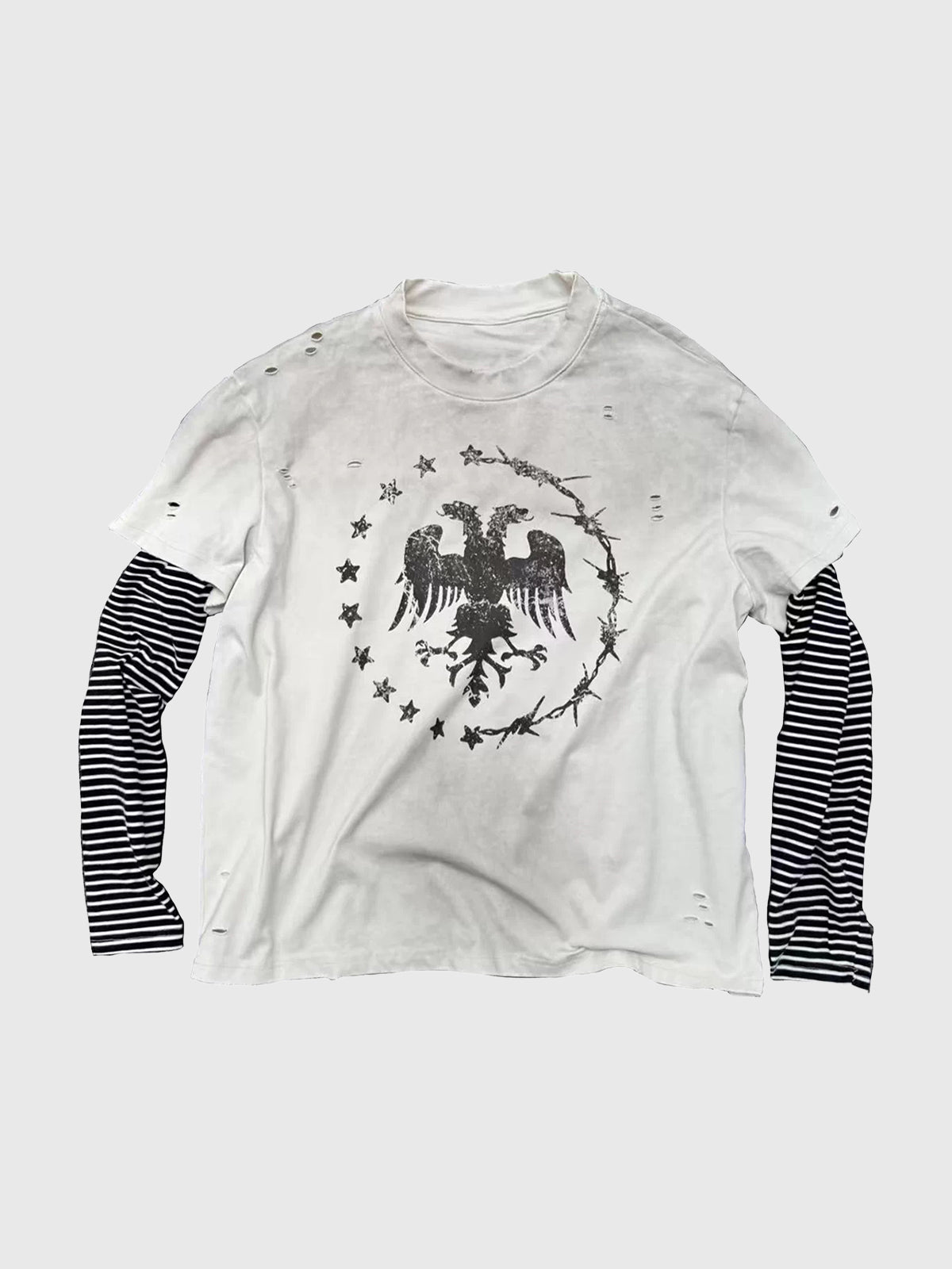Co-ed Dorm Baggy-fit Striped Layered Graphic T-Shirt - White