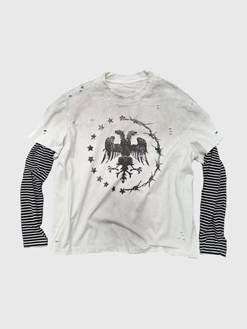 Co-ed Dorm Baggy-fit Striped Layered Graphic T-Shirt - White