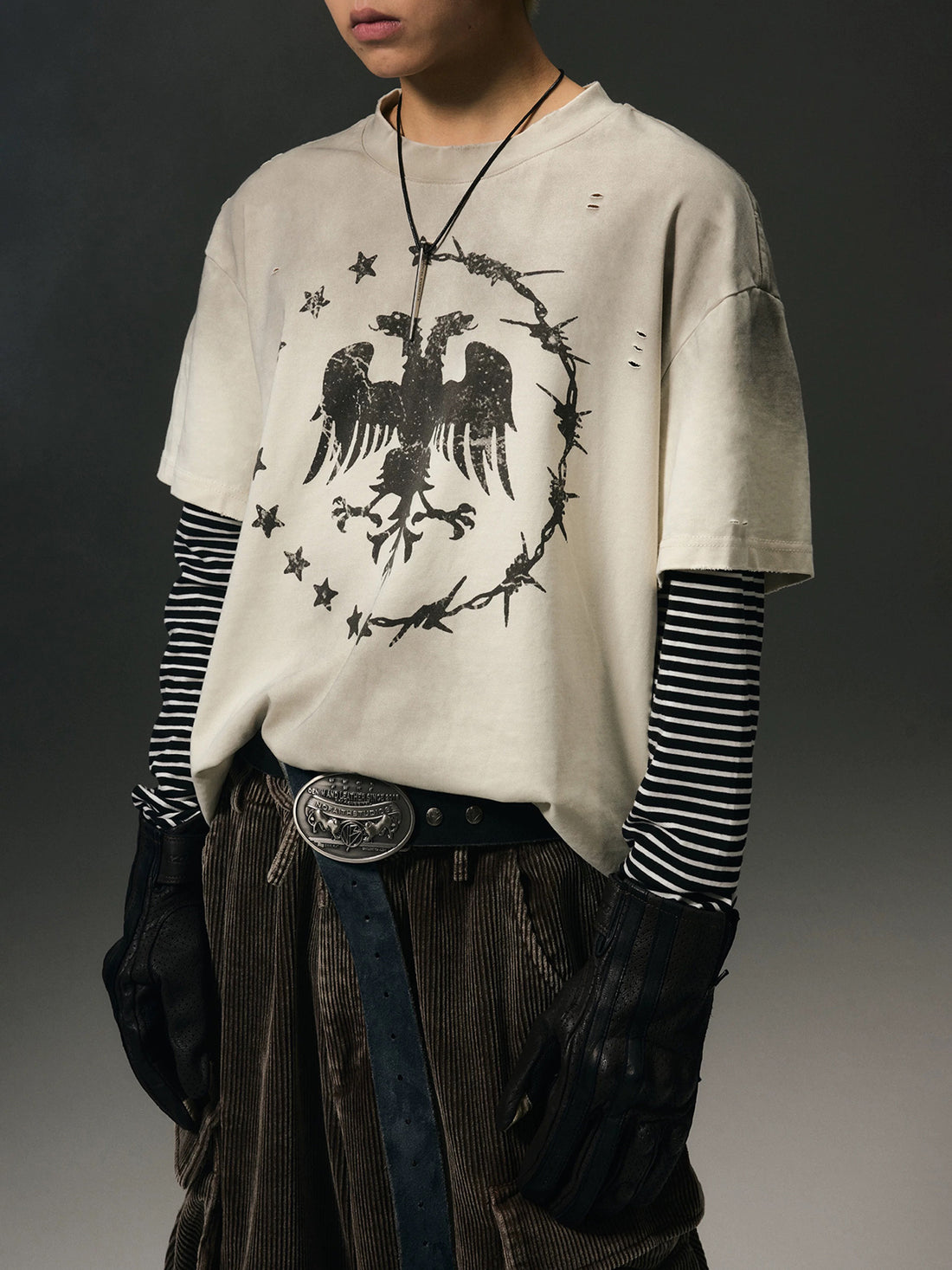 Co-ed Dorm Baggy-fit Striped Layered Graphic T-Shirt - White