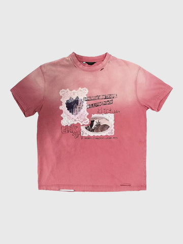 Co-ed Dorm Baggy-fit Lace Patchwork Graphic T-Shirt - Pink