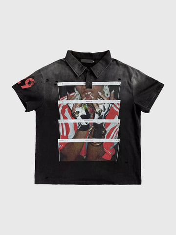 Co-ed Dorm Baggy-fit Graphic Print Polo Shirt - Black