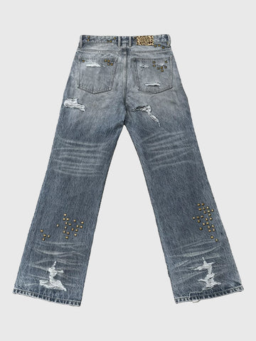 Co-ed Dorm Straight-leg Leopard Patchwork Denim Jeans - Blue