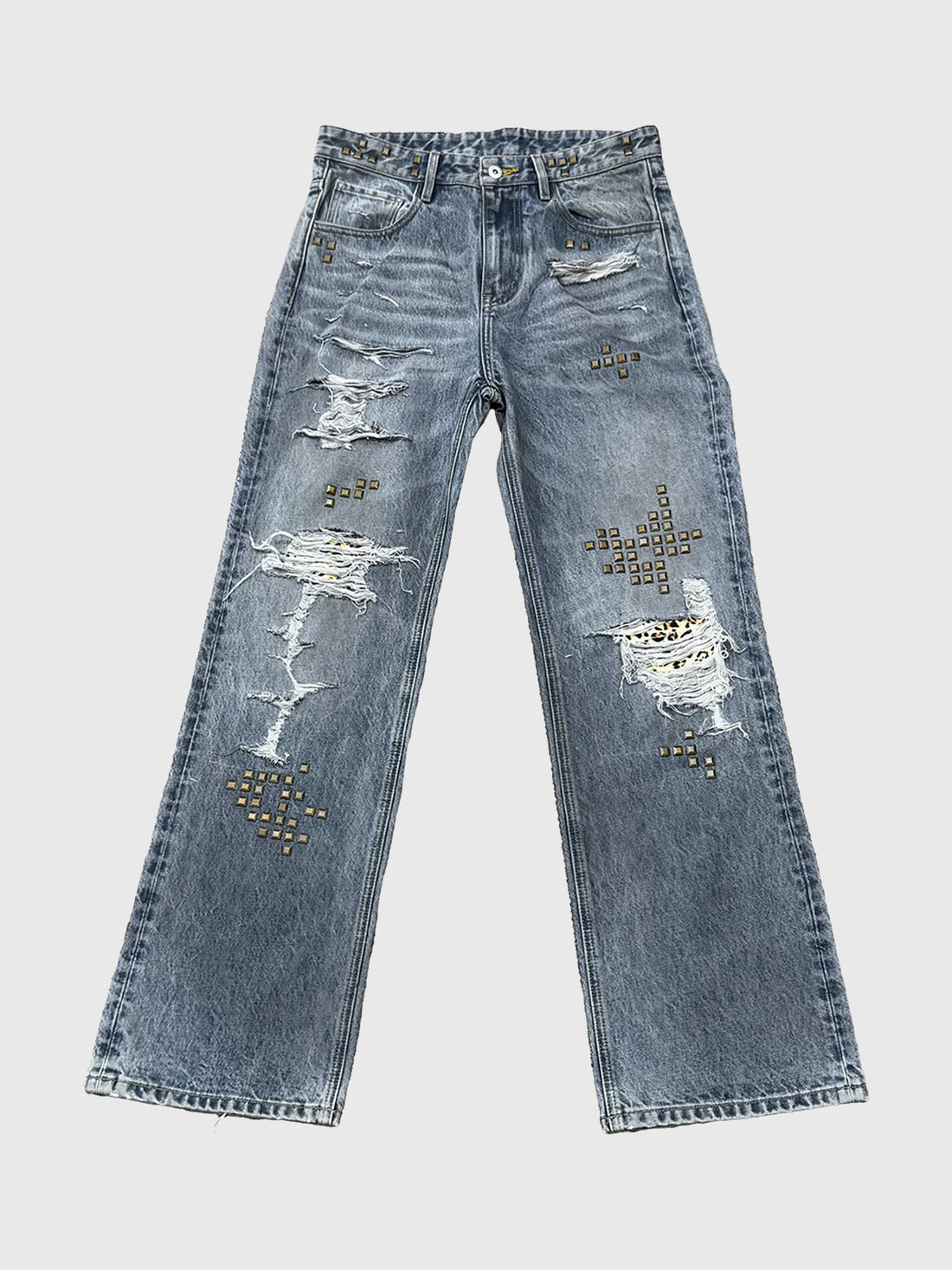 Co-ed Dorm Straight-leg Leopard Patchwork Denim Jeans - Blue