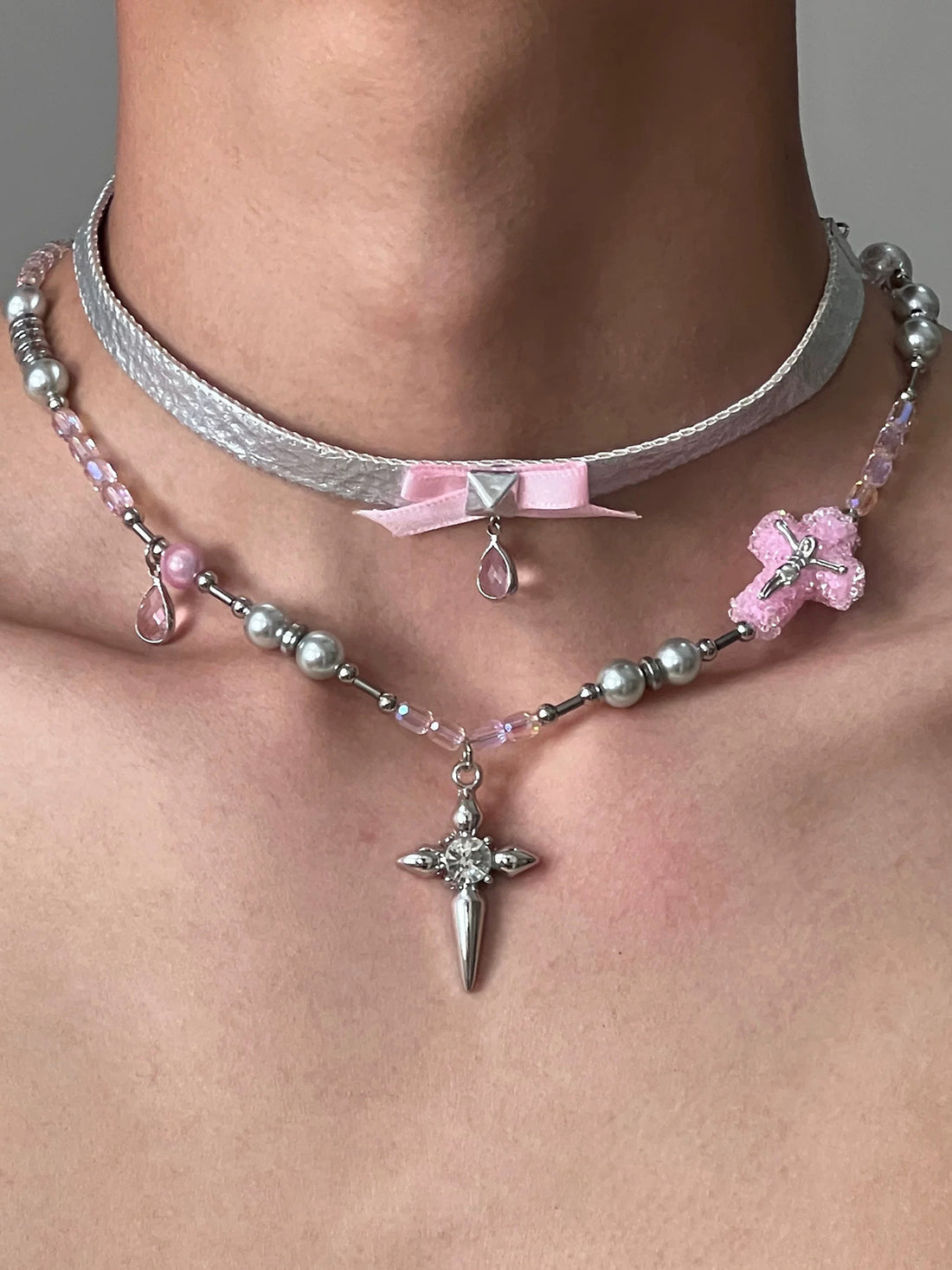 Brick Lane Punk Bow Cross Layered Choker Necklace - Silver