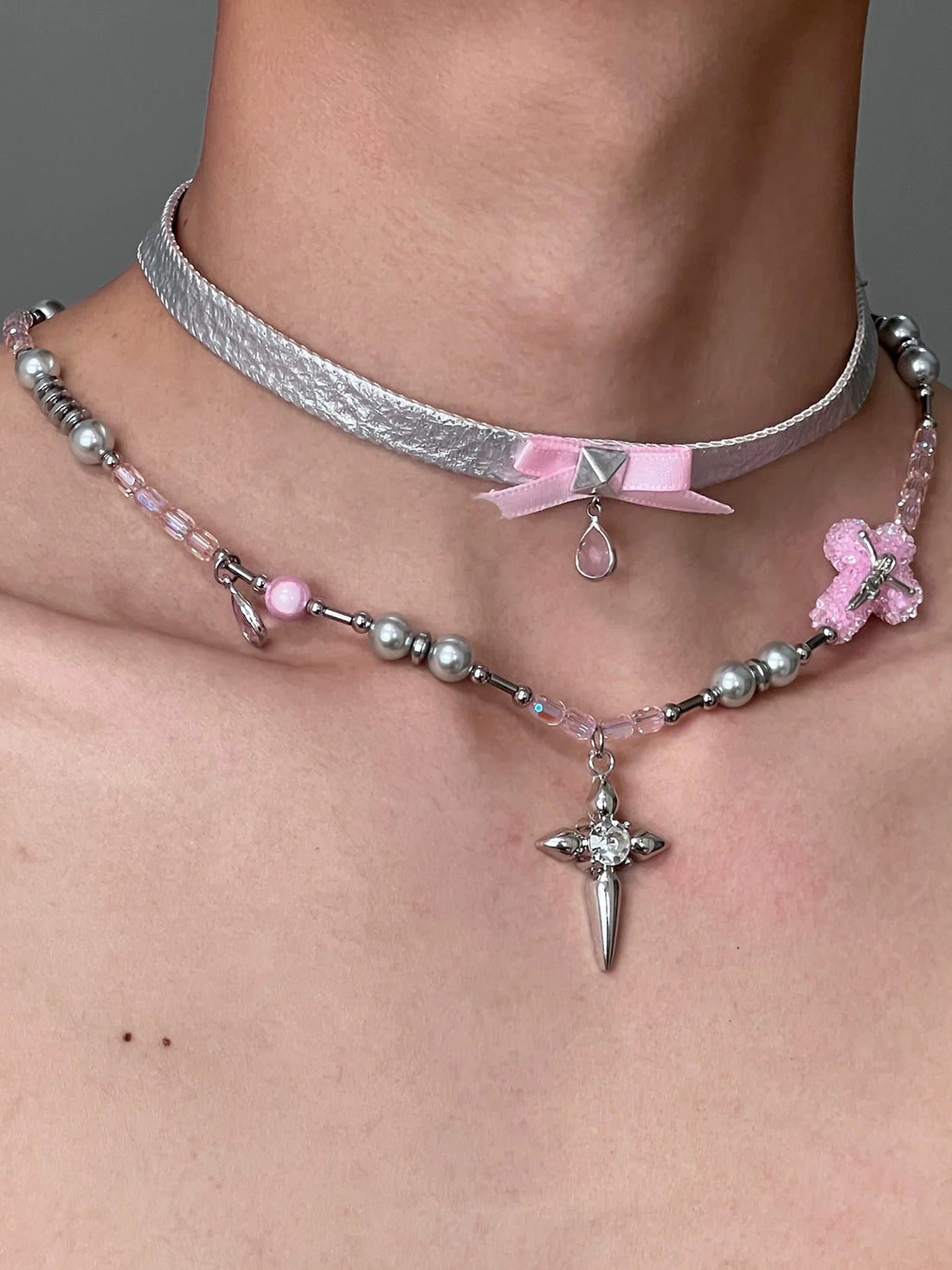 Brick Lane Punk Bow Cross Layered Choker Necklace - Silver
