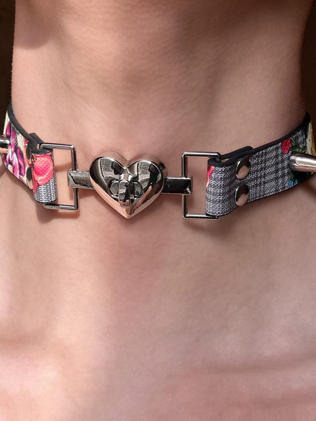 Brick Lane Punk Spiked Heart Cross Leather Choker - Black