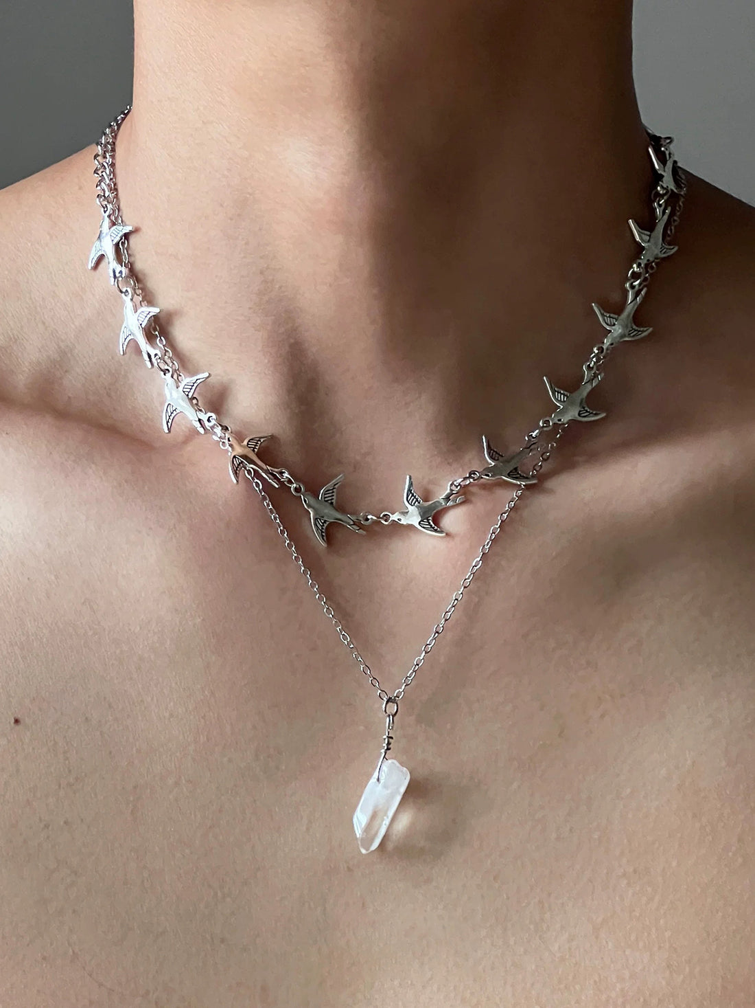 Brick Lane Punk Cross Layered Pearl Chain Necklace - Silver