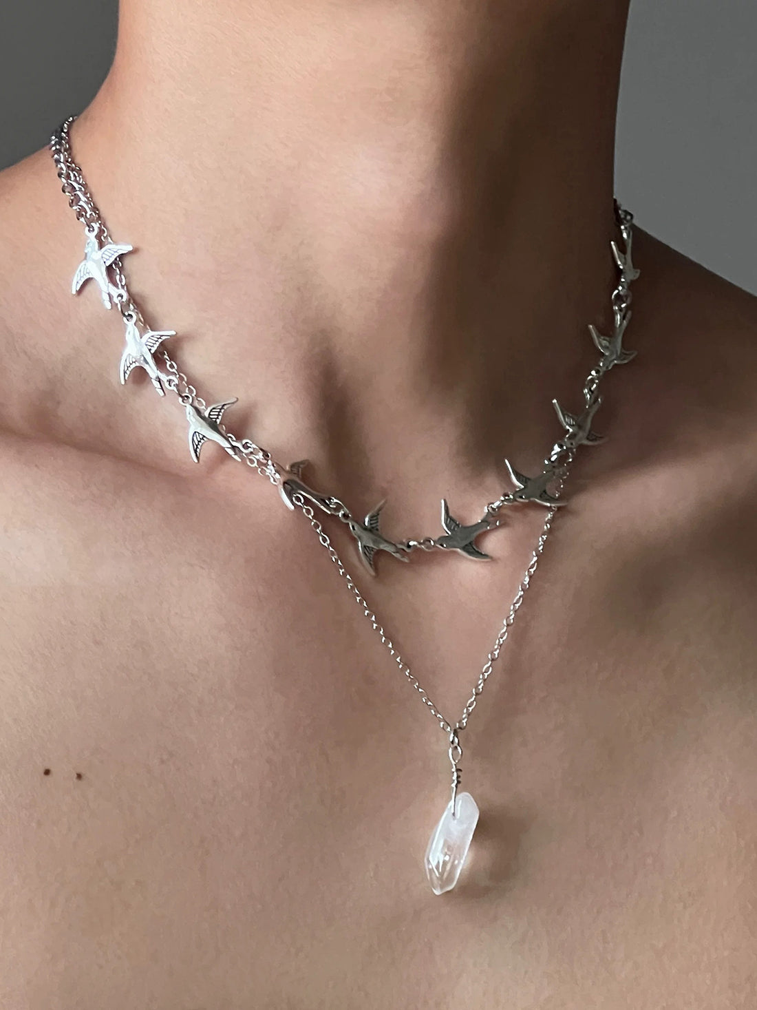 Brick Lane Punk Cross Layered Pearl Chain Necklace - Silver