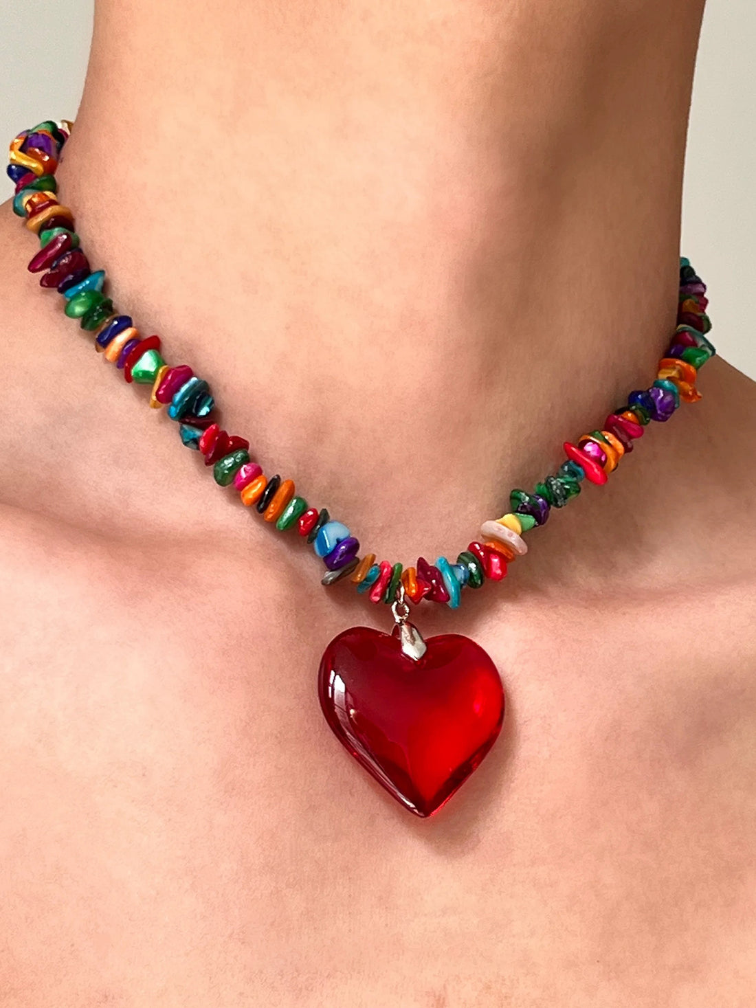 Brick Lane Y2K Colorful Beaded Large Heart Necklace - Red