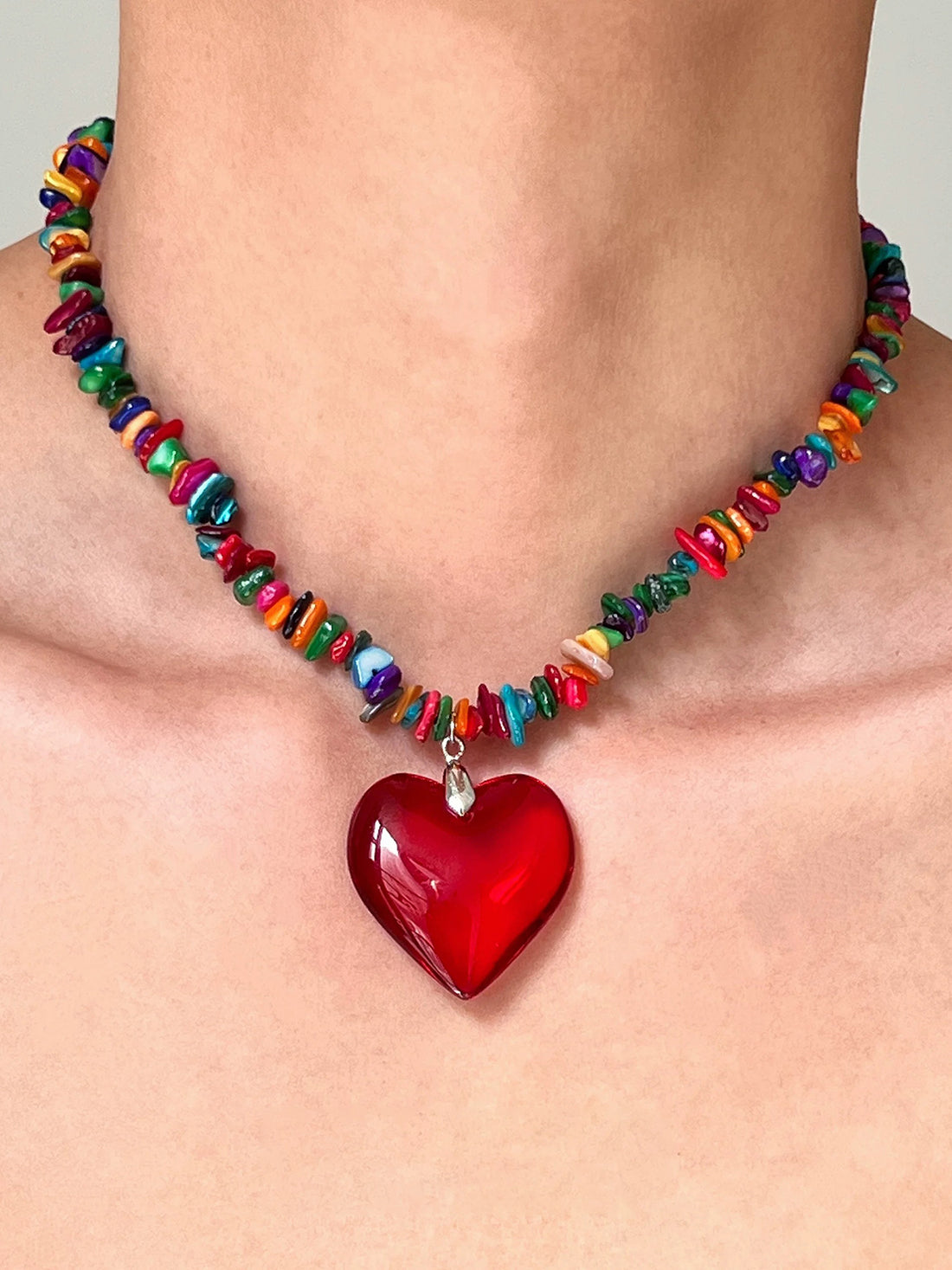 Brick Lane Y2K Colorful Beaded Large Heart Necklace - Red