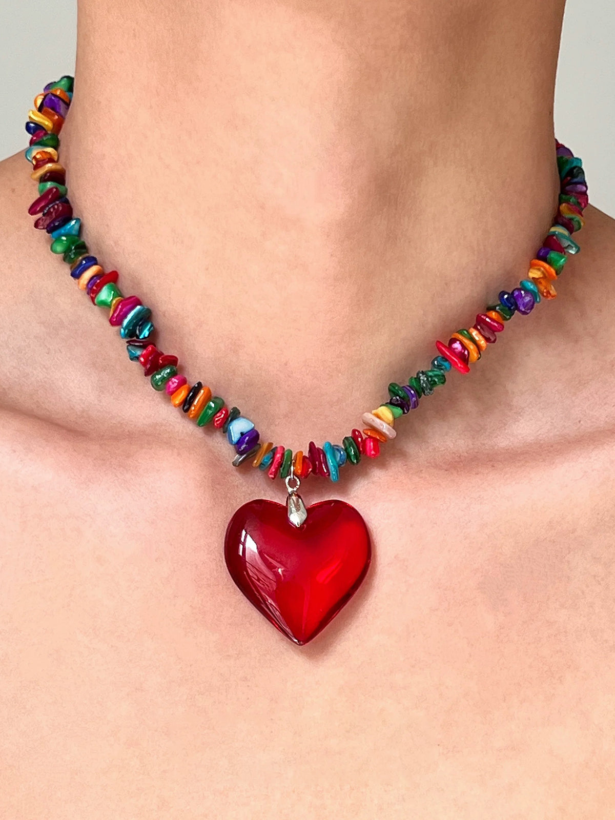 Brick Lane Y2K Colorful Beaded Large Heart Necklace - Red