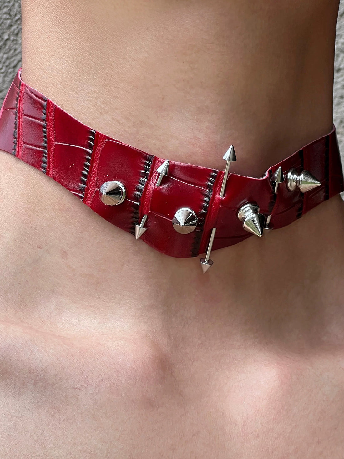 Brick Lane Gothic Studded Velvet Choker Necklace - Red