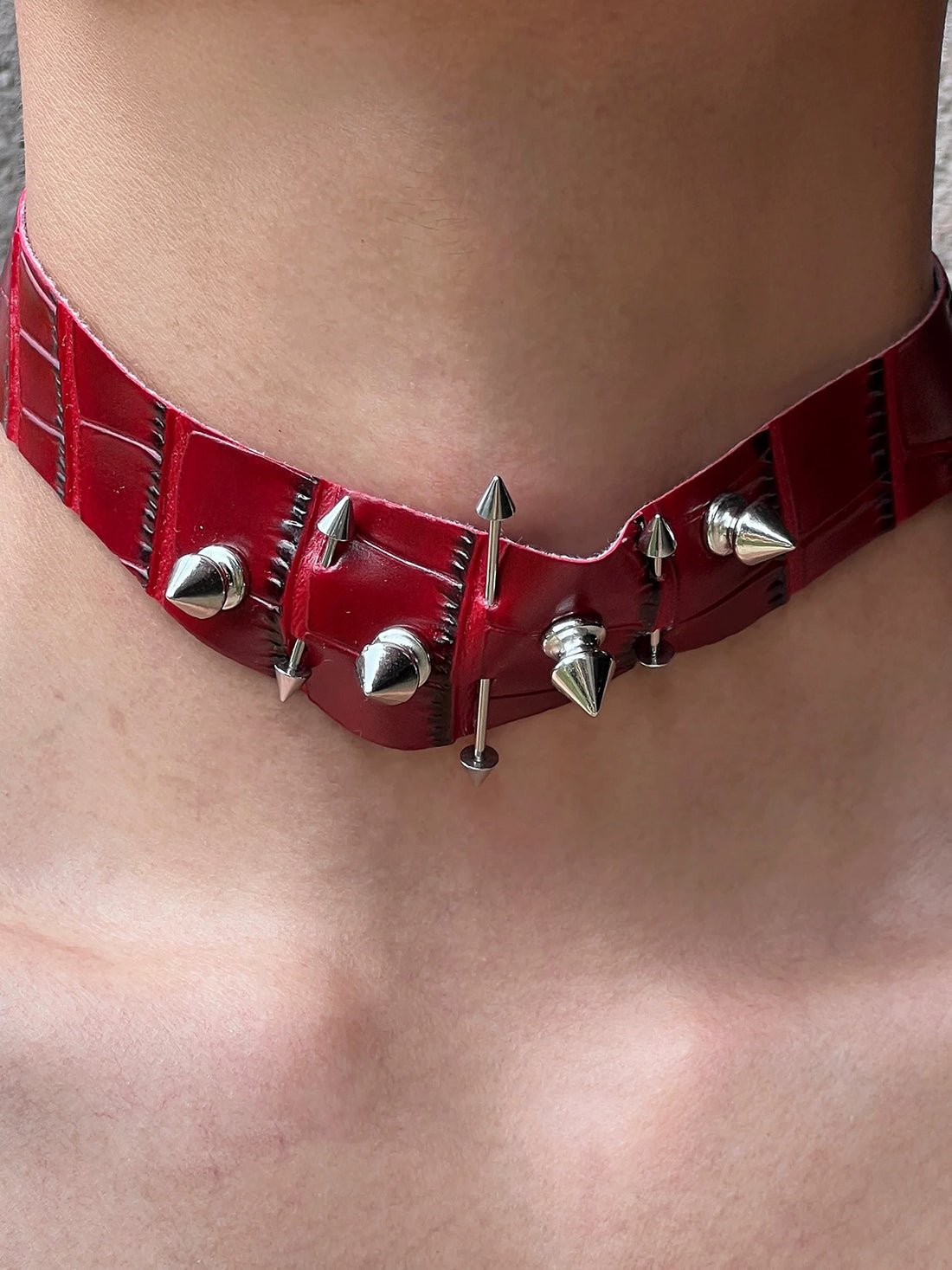 Brick Lane Gothic Studded Velvet Choker Necklace - Red