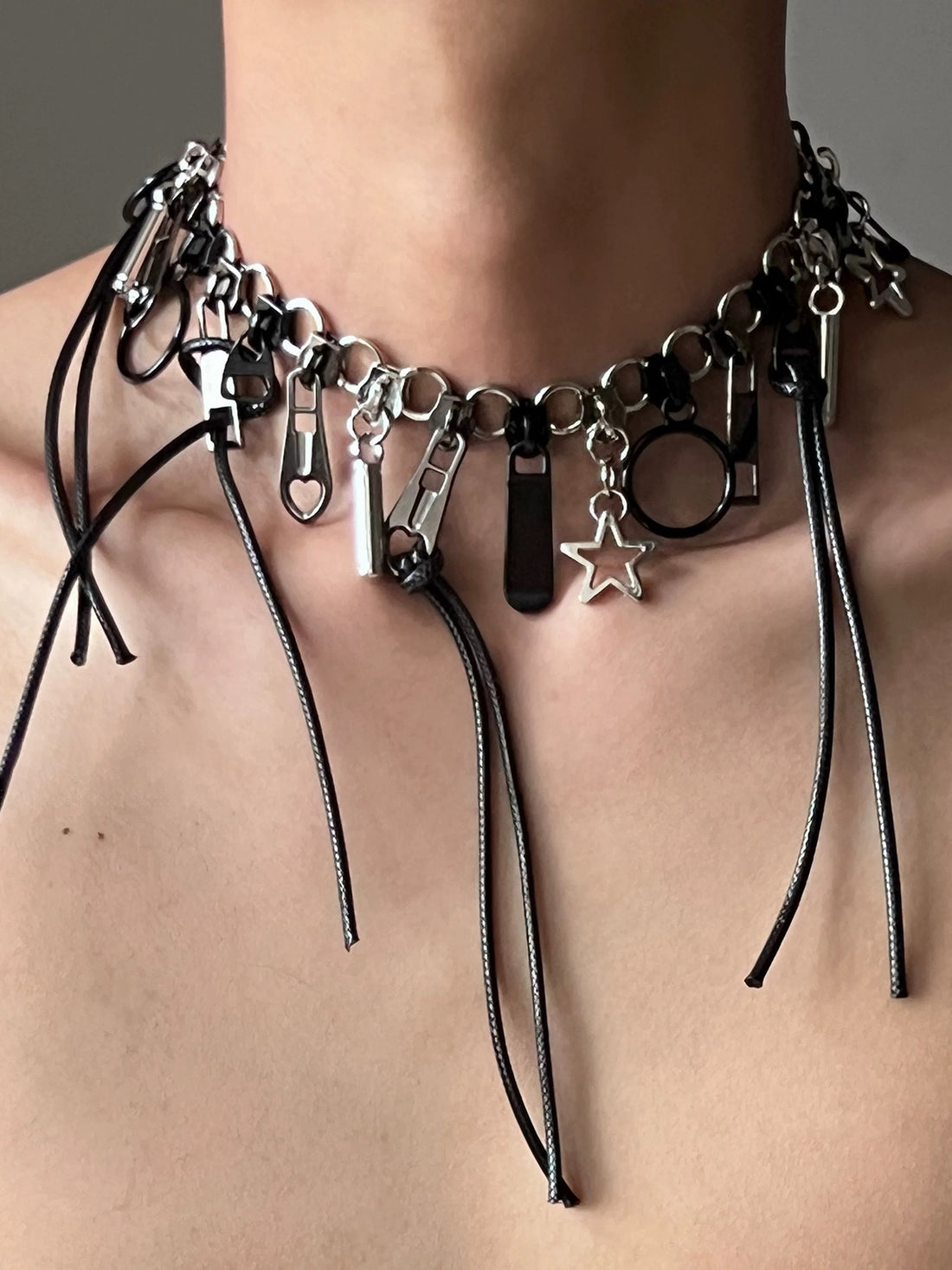 Brick Lane Gothic Liquid Metal Tassel Choker Necklace - Black