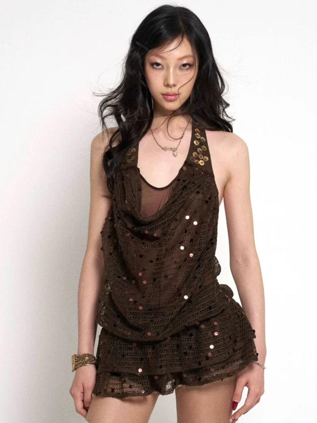 Spider Garden Mesh Halter Top - Cocoa Brown