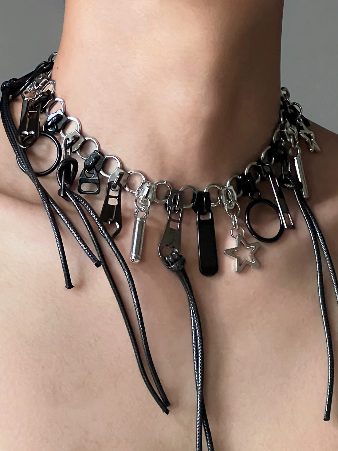 Brick Lane Gothic Liquid Metal Tassel Choker Necklace - Black