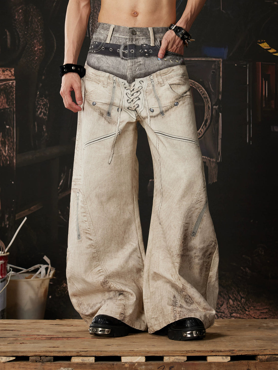 Co-ed Dorm Wide-leg Graphic Print Cargo Pants - Beige