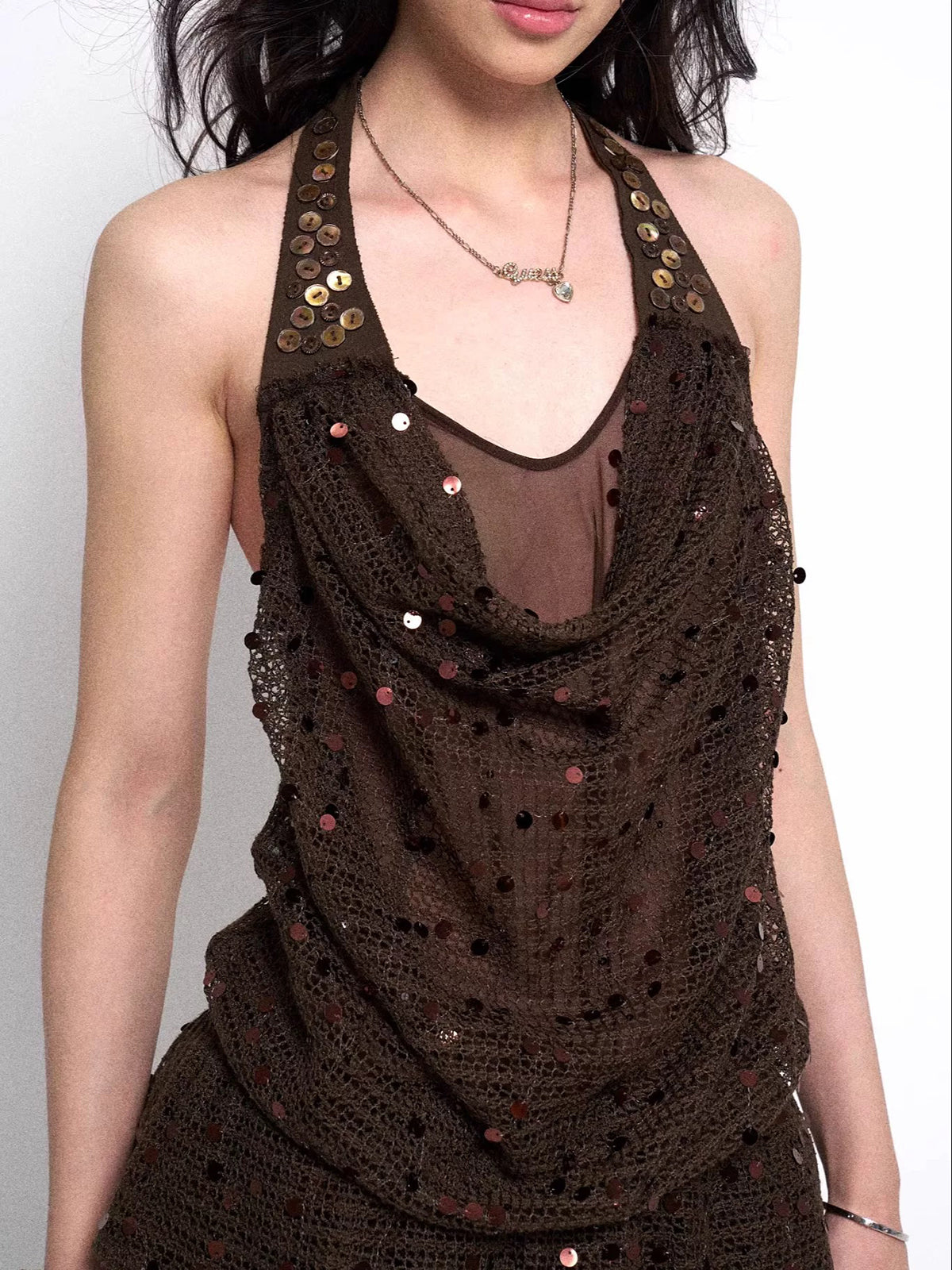 Spider Garden Mesh Halter Top - Cocoa Brown
