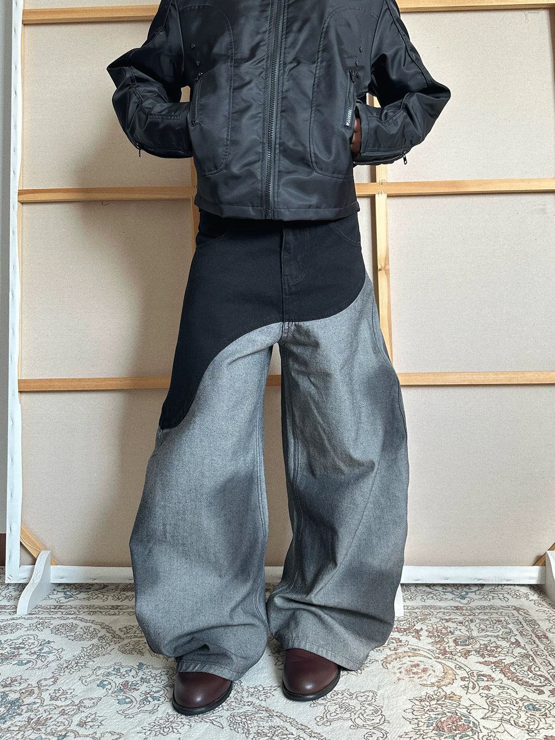 Co-ed Dorm Wide-leg Contrast Color Patchwork Pants - Black