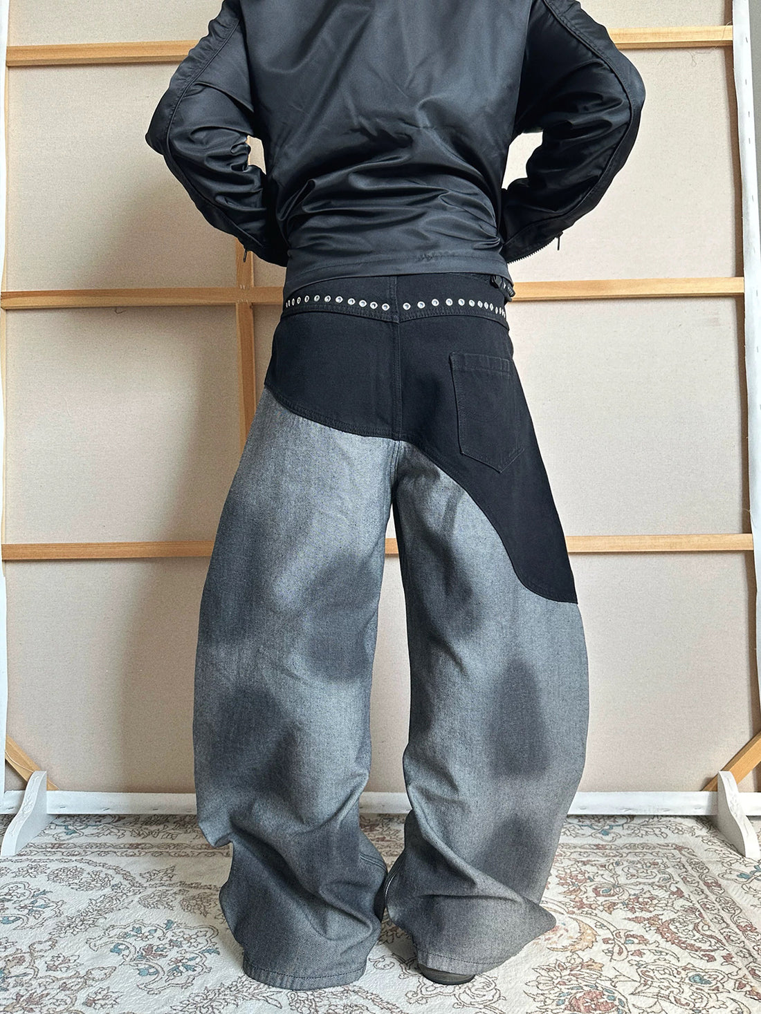 Co-ed Dorm Wide-leg Contrast Color Patchwork Pants - Black