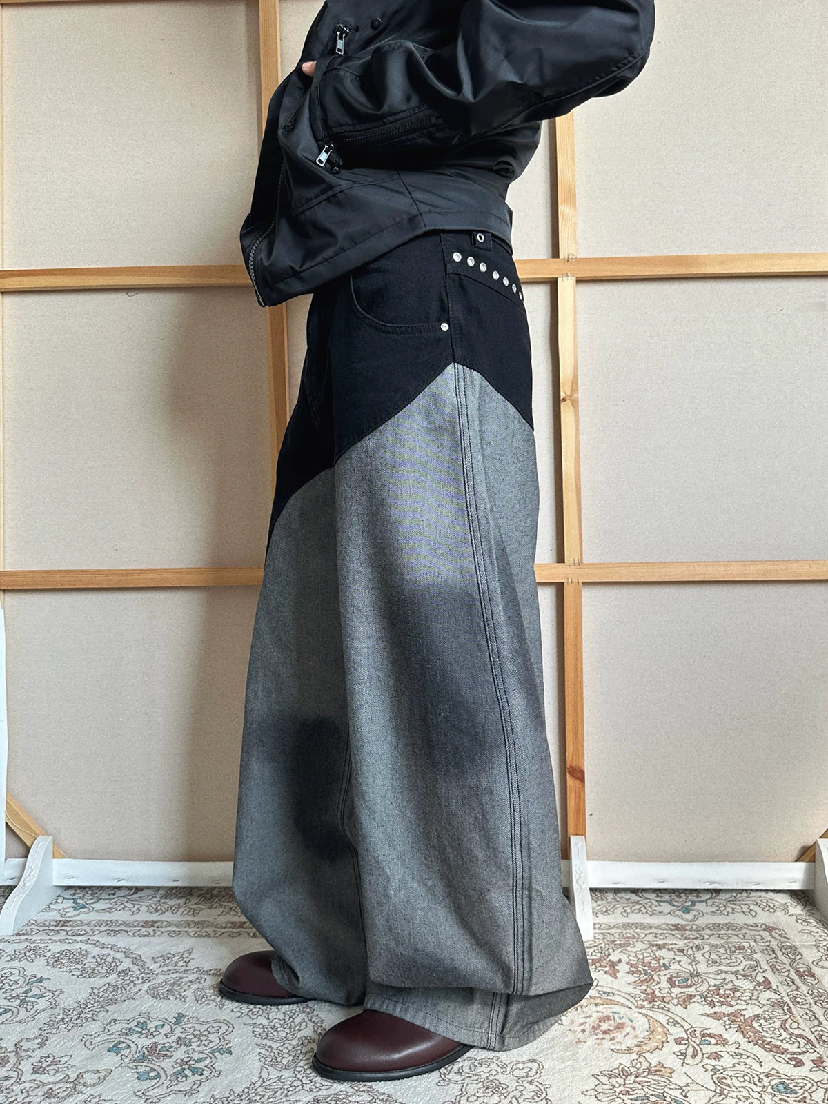 Co-ed Dorm Wide-leg Contrast Color Patchwork Pants - Black