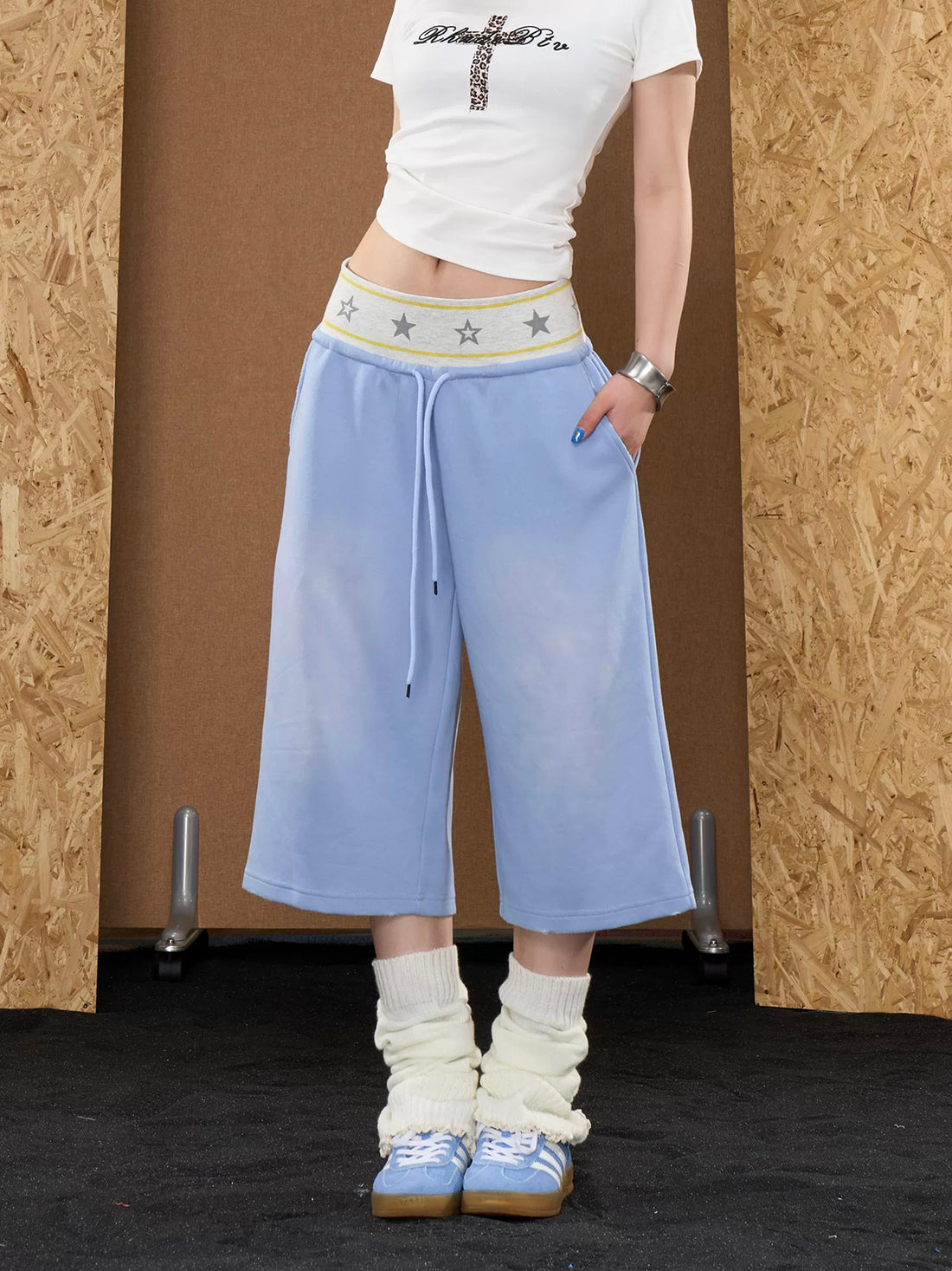Brick Lane Wide-leg Star Patchwork Denim Shorts - Blue