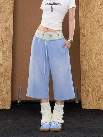 Brick Lane Wide-leg Star Patchwork Denim Shorts - Blue