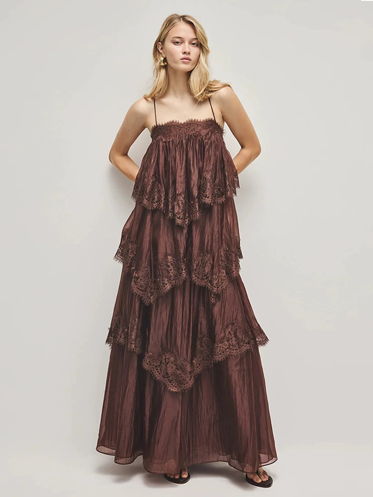 Forest Ruffle Lace Dress - Cedar Brown