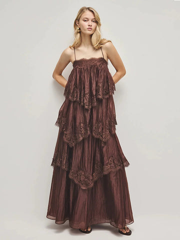 Forest Ruffle Lace Dress - Cedar Brown