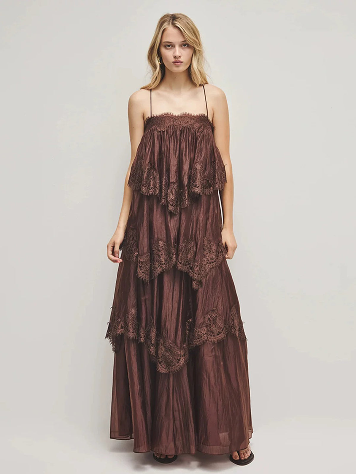 Forest Ruffle Lace Dress - Cedar Brown