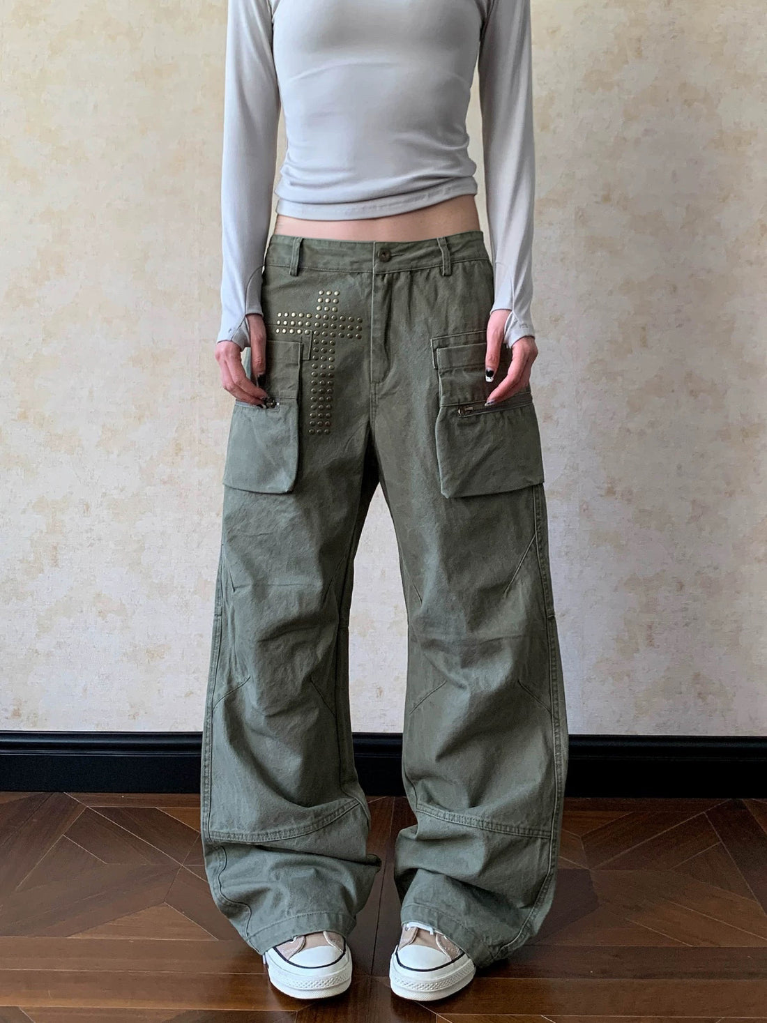 Brick Lane Wide-leg Cross Patchwork Cargo Pants - Green