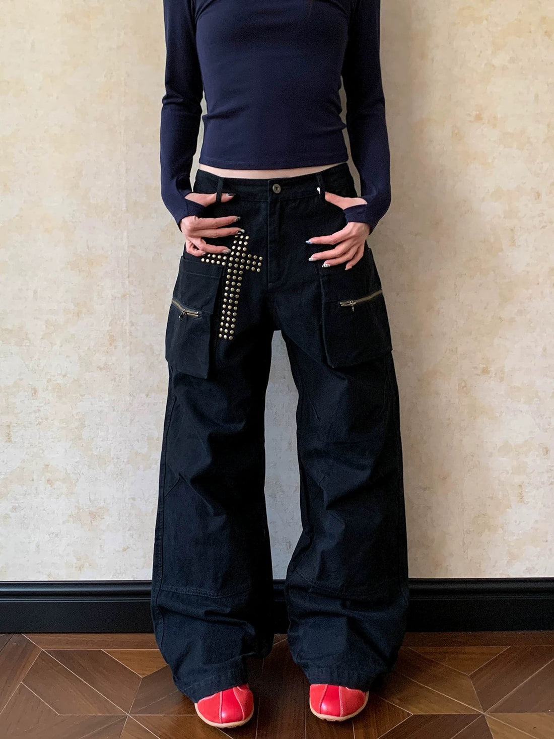 Brick Lane Wide-leg Cross Patchwork Cargo Pants - Black
