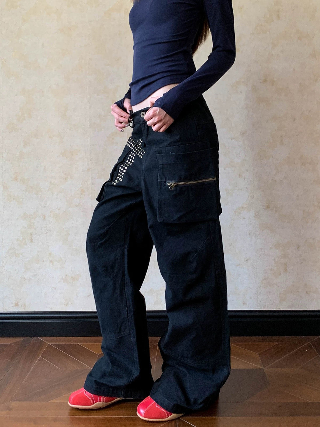 Brick Lane Wide-leg Cross Patchwork Cargo Pants - Black