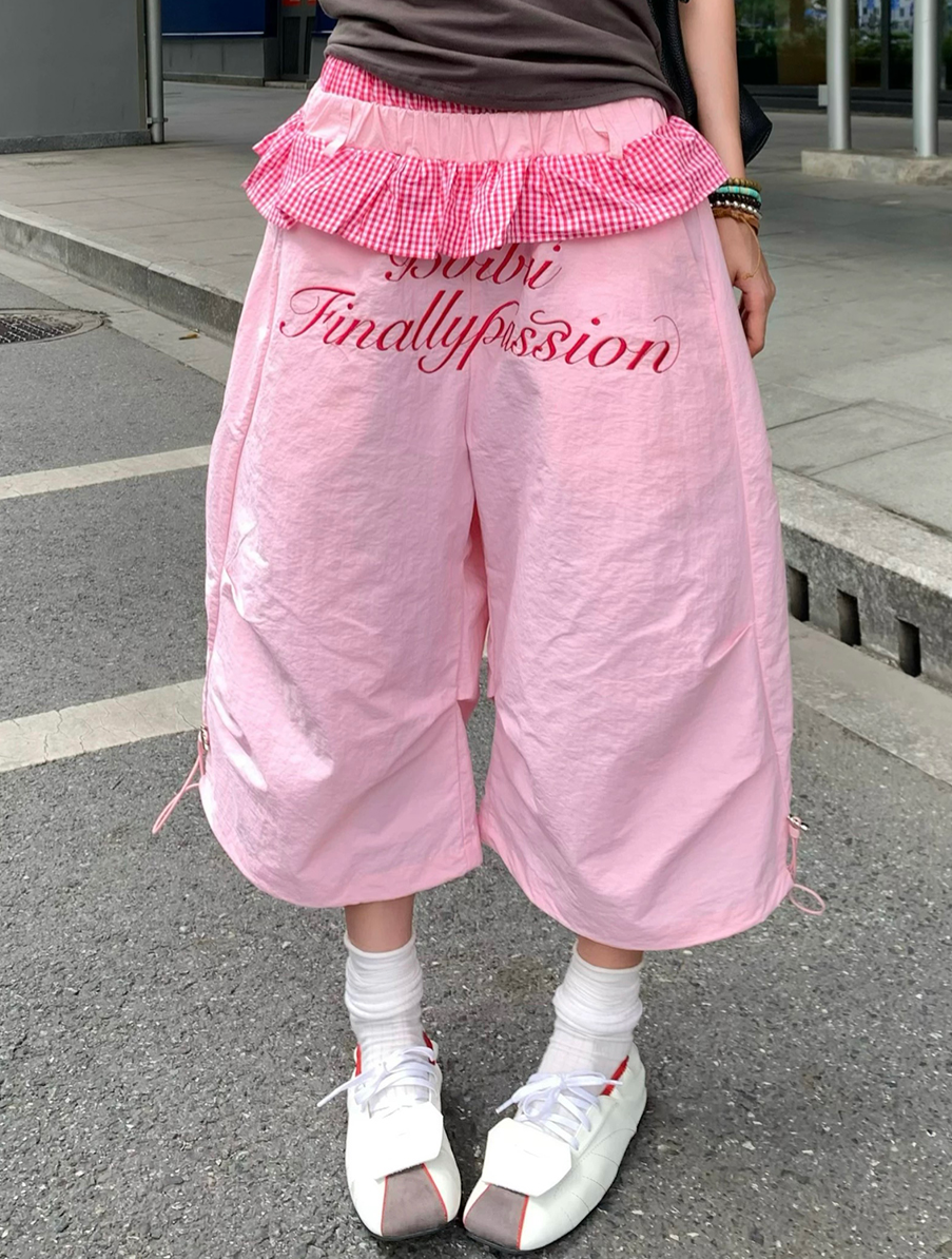 Brick Lane Ruffled Embroidered Plaid Check Pants - Pink