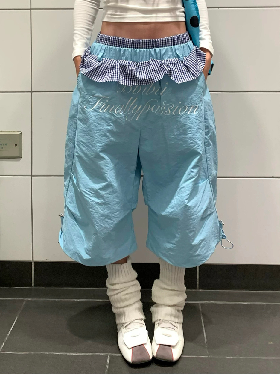 Brick Lane Ruffled Embroidered Plaid Check Pants - Blue