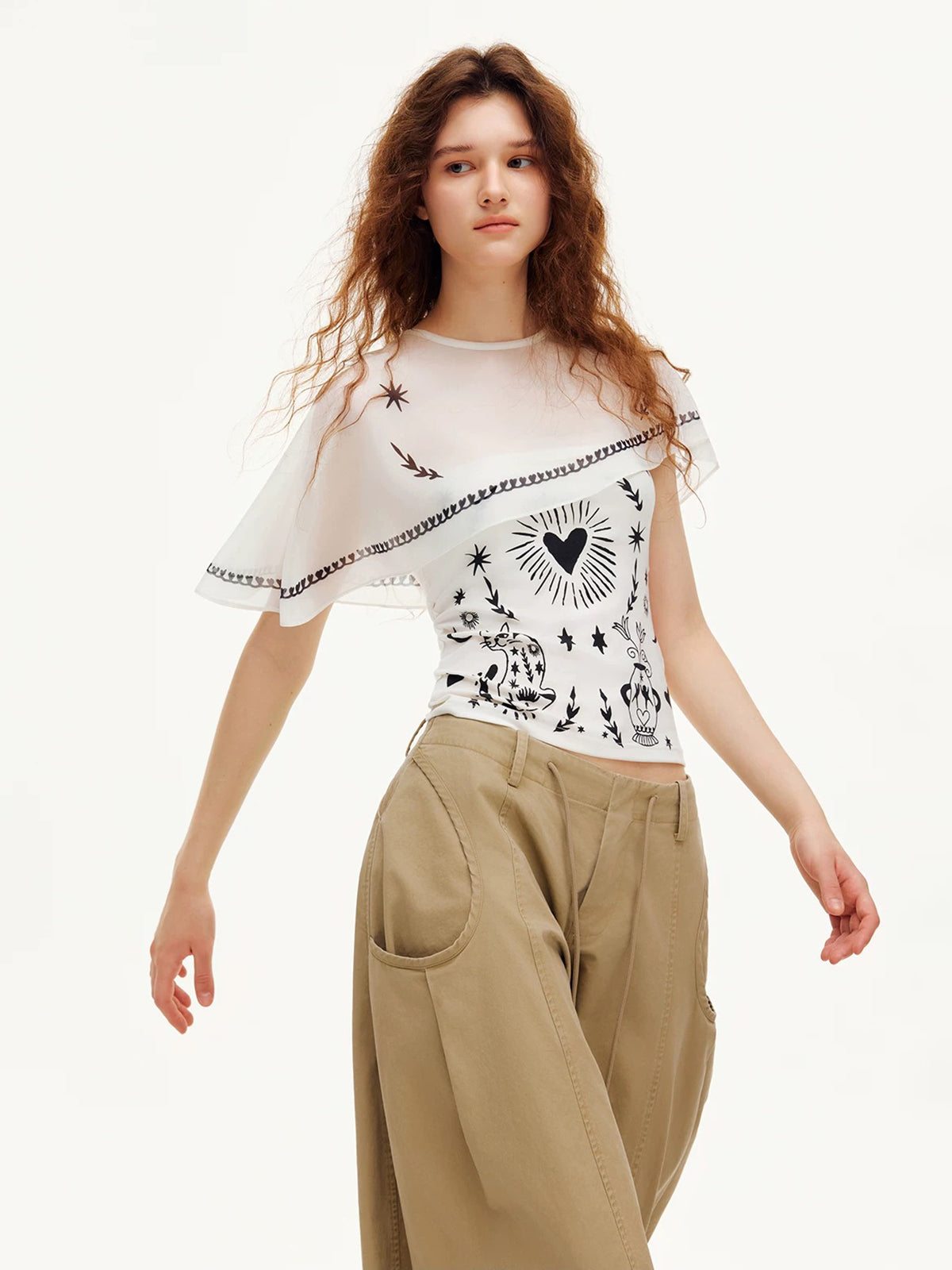 Dolled Office Asymmetric Heart Graphic Print Top - White