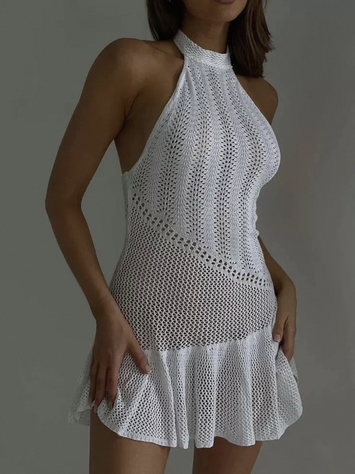 Crystal Petal Halter Dress - Pearl White