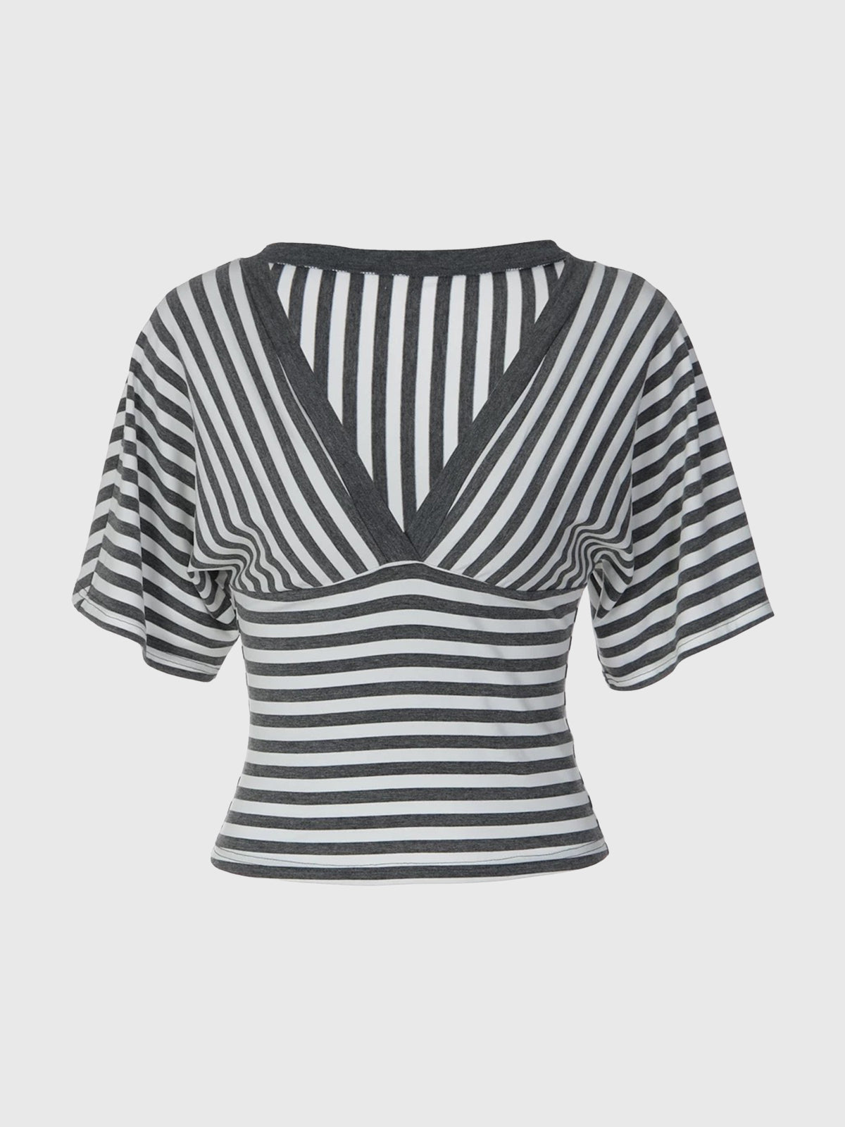 Dolled Office V-Neck Striped Knit Top - Gray