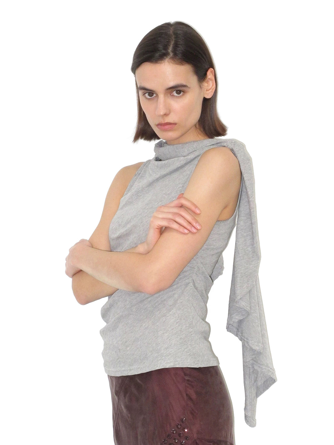 Dolled Office Skimming-fit Cut-out Cold Shoulder Top - Gray