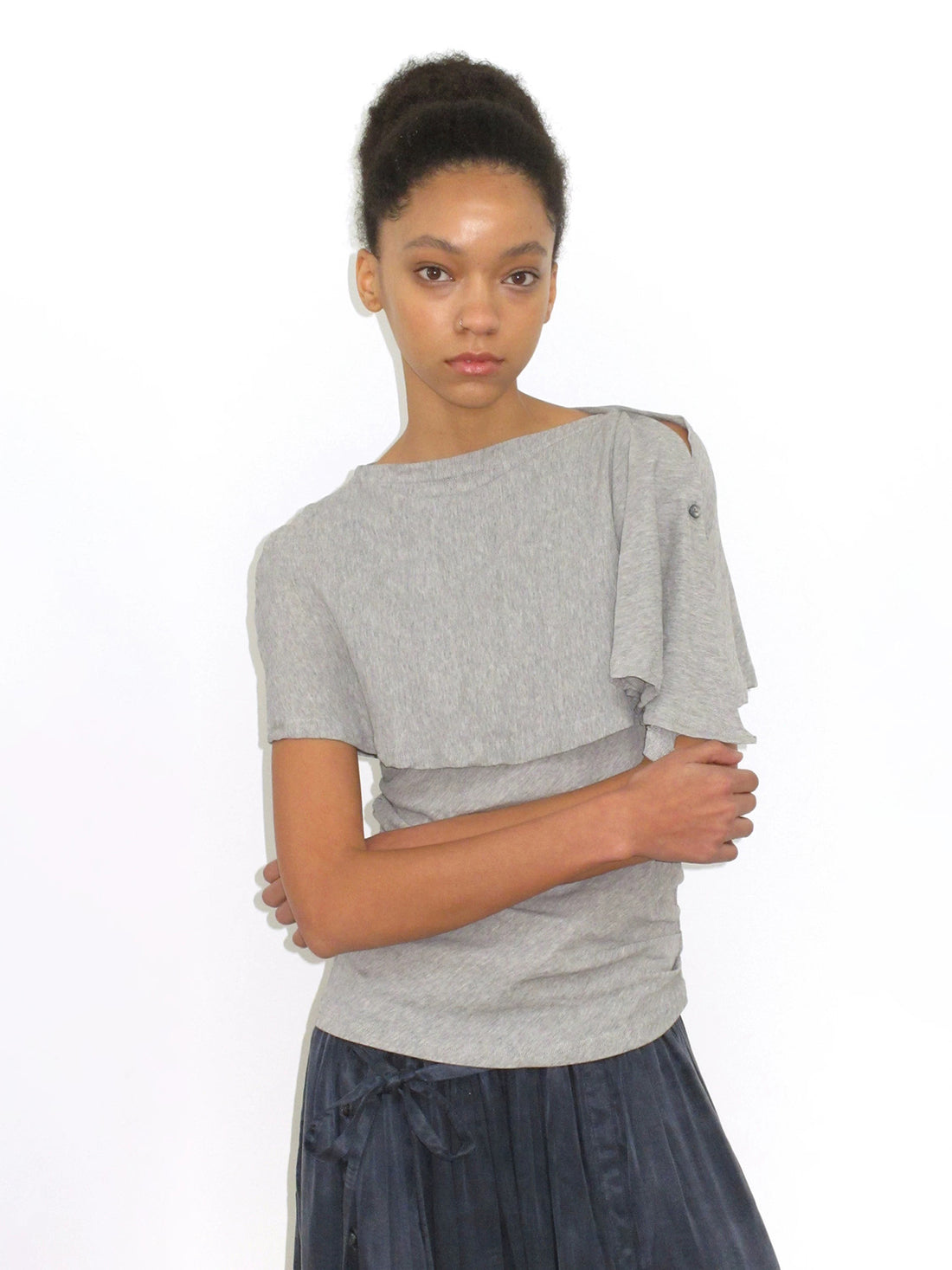 Dolled Office Skimming-fit Cut-out Cold Shoulder Top - Gray