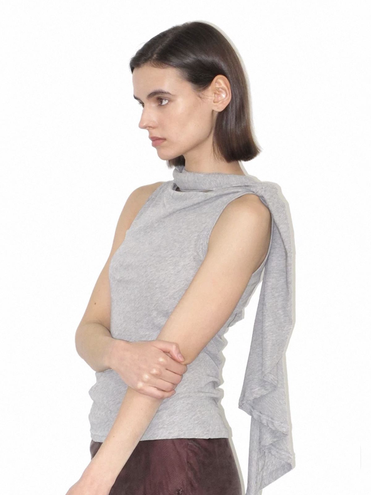 Dolled Office Skimming-fit Cut-out Cold Shoulder Top - Gray