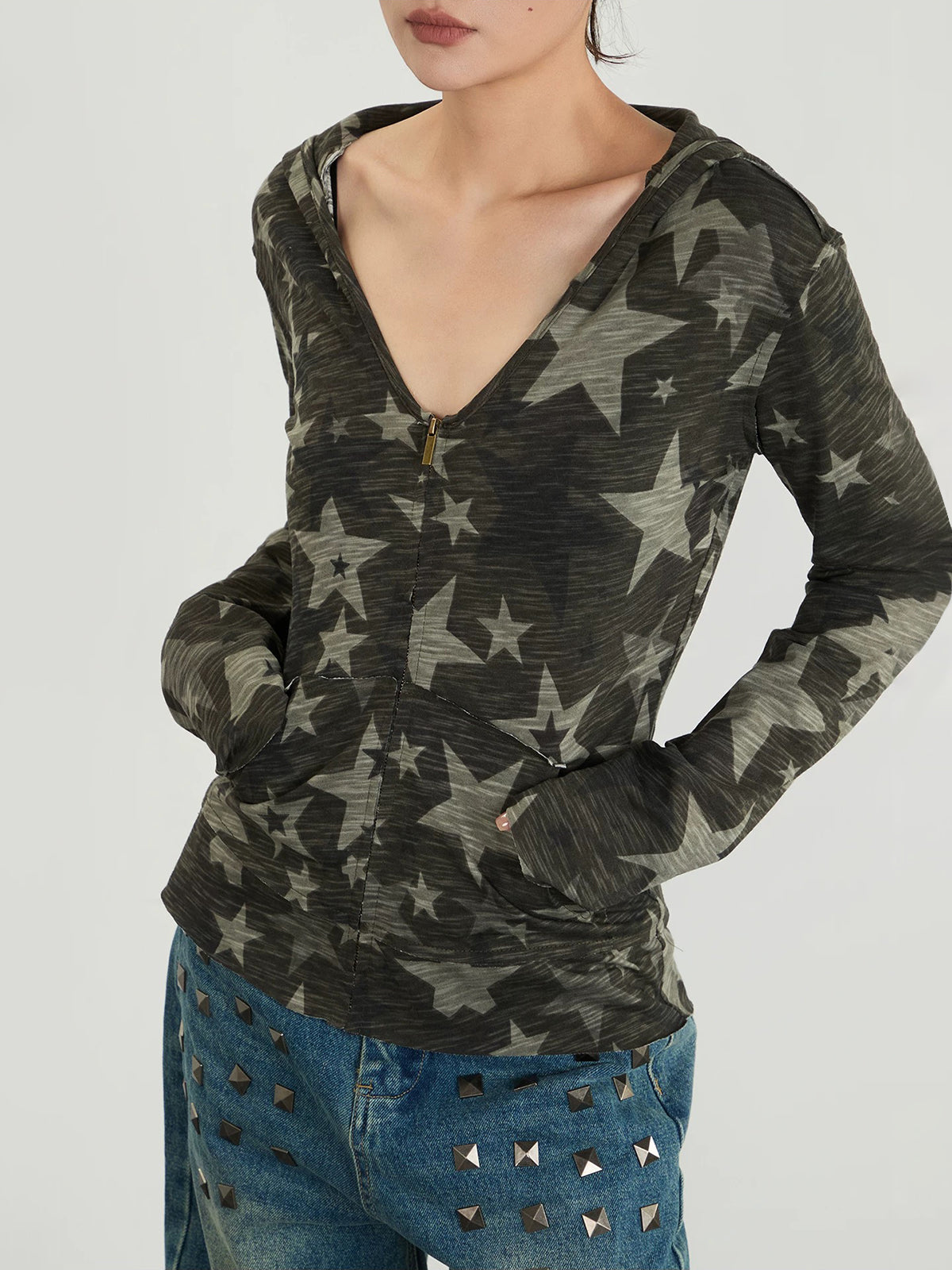 Brick Lane V-Neck Star Camouflage Long Sleeve Top - Green