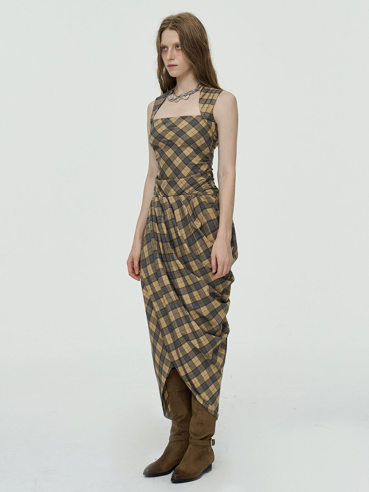 Tangled Check Waist Dress - Caramel Brown
