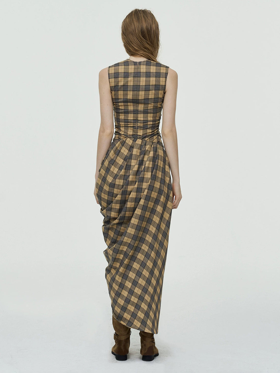 Tangled Check Waist Dress - Caramel Brown